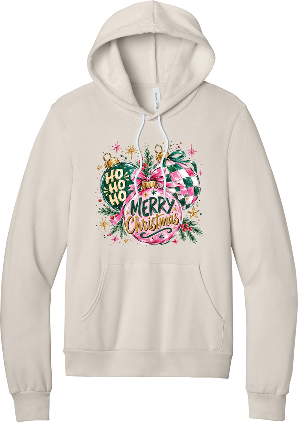 Preppy Christmas Decorations hoodie in Heather Dust, featuring preppy pink and green Christmas ornaments with checkerboard, ribbon bows, HO HO HO, and Merry Christmas in gold script