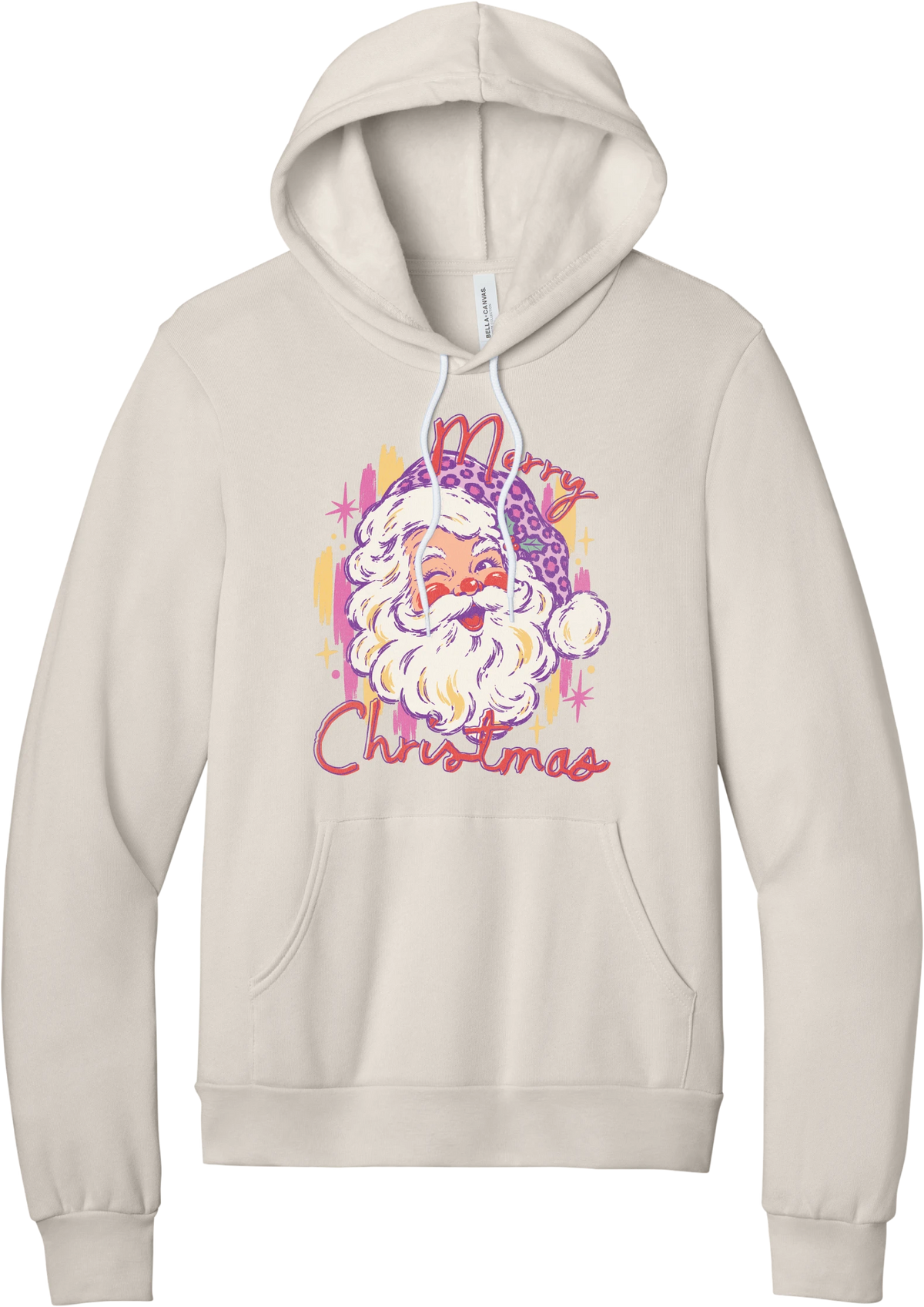 Preppy Santa (Pink Leopard) hoodie in Heather Dust, featuring a vintage Santa in a pink leopard hat with Merry Christmas script and sparkles