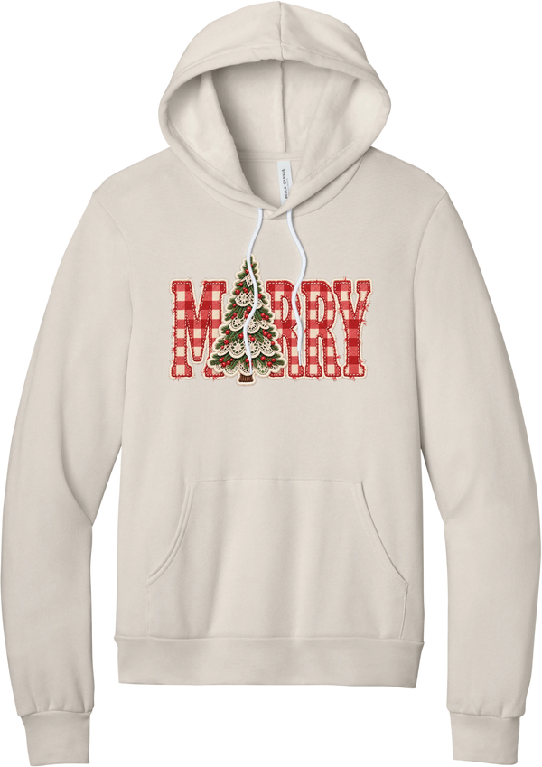 Red Gingham Merry Tree hoodie in Heather Dust, featuring red gingham MERRY letters with a lace-trimmed Christmas tree in the center