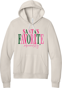 Santa's Favorite, Obviously hoodie in Heather Dust, featuring SANTA'S FAVORITE in pink and green serif lettering with a pink script obviously and a green snowflake