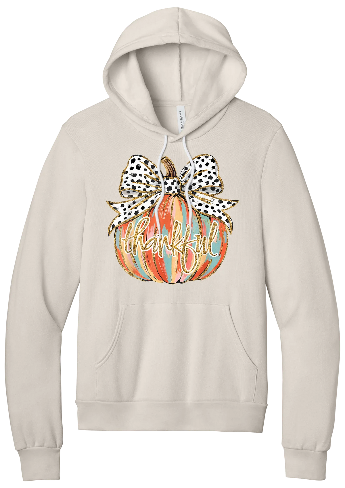 Thankful Pumpkin Bow hoodie in Heather Dust, featuring a painted pumpkin with a spotted bow and thankful in gold glitter script