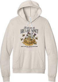 Words Like Honey hoodie in Heather Dust, featuring Kind Words Are Like Honey lettering over a dripping honeycomb with bees, wildflowers, and Proverbs 16:24