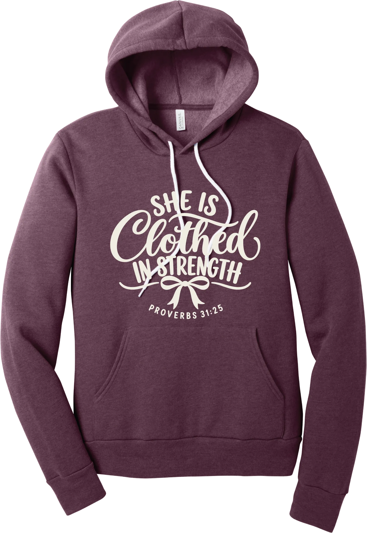 Clothed in Strength hoodie in Heather Maroon, featuring She Is Clothed in Strength in hand lettered script with a bow and Proverbs 31:25
