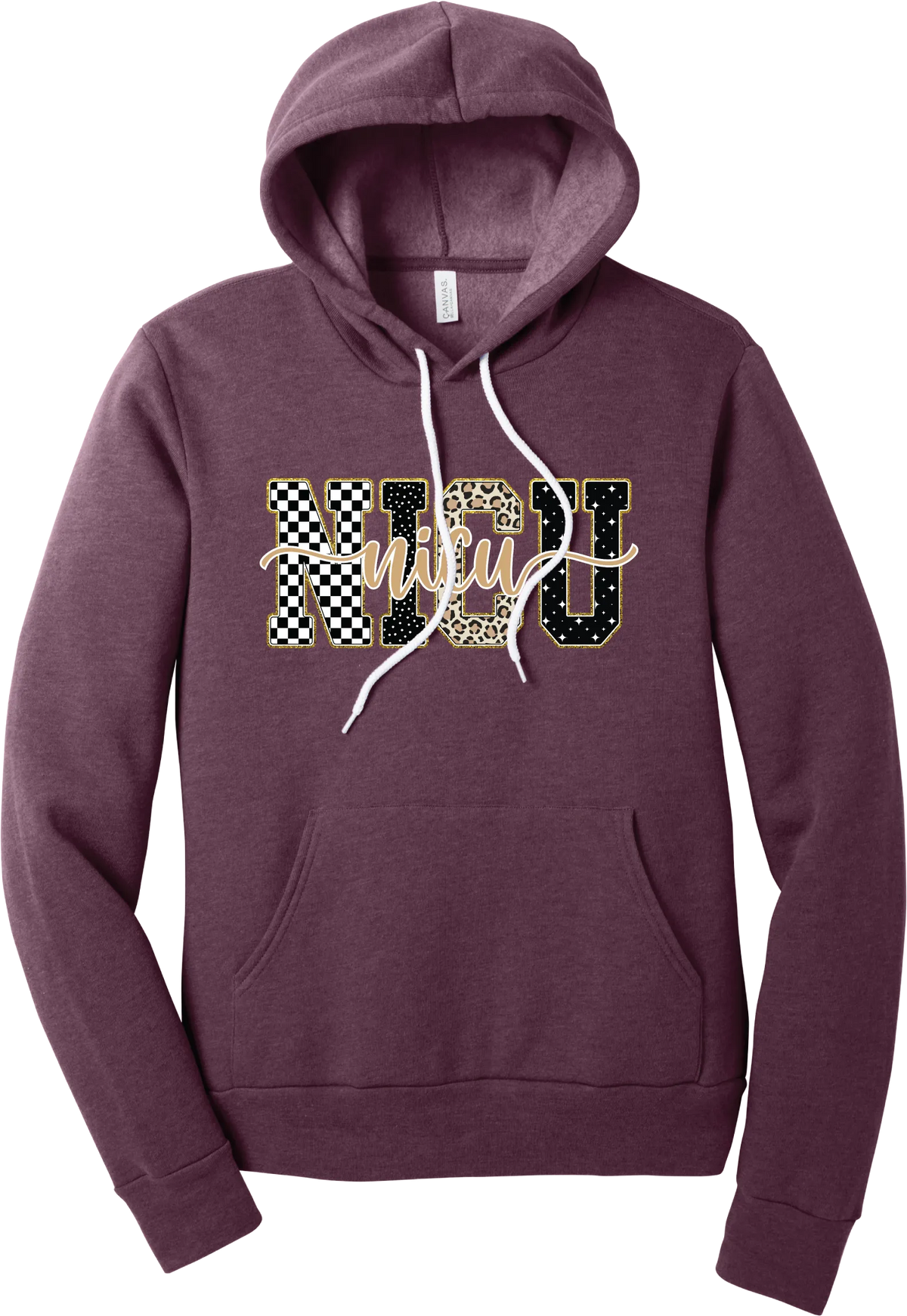 Glitzy Patterned NICU hoodie in Heather Maroon, featuring NICU block letters in checkerboard, polka dot, leopard, and starry patterns with a gold glitter outline and nicu script