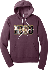 Glitzy Patterned NICU hoodie in Heather Maroon, featuring NICU block letters in checkerboard, polka dot, leopard, and starry patterns with a gold glitter outline and nicu script