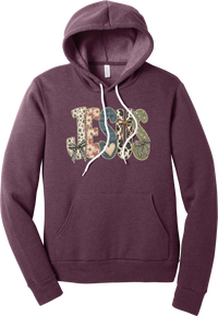 Jesus Patchwork hoodie in Heather Maroon, featuring JESUS in patchwork letters of floral, leopard, denim, and cow print with gingham bows and a heart