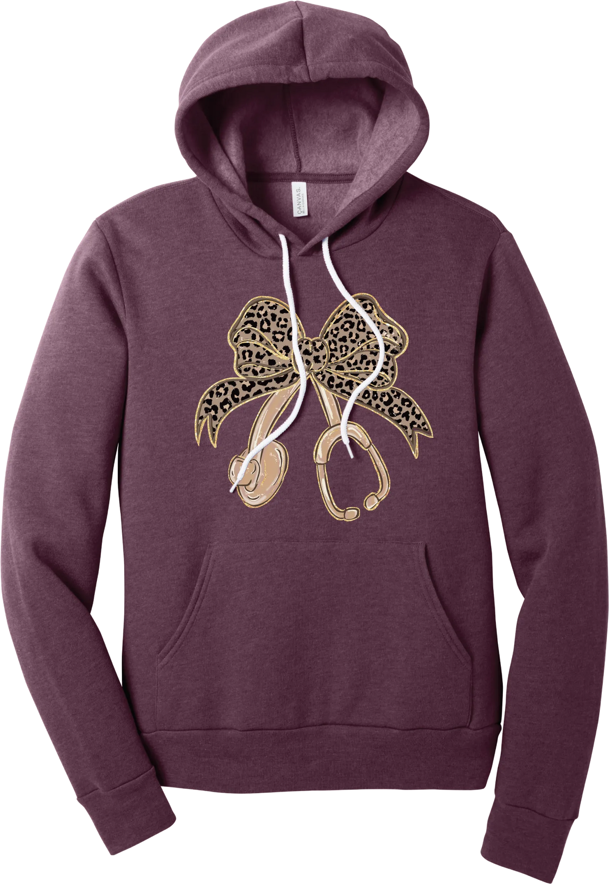 Leopard Bow Stethoscope hoodie in Heather Maroon, featuring a glittery leopard print coquette bow tied to a rose gold stethoscope