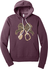 Leopard Bow Stethoscope hoodie in Heather Maroon, featuring a glittery leopard print coquette bow tied to a rose gold stethoscope