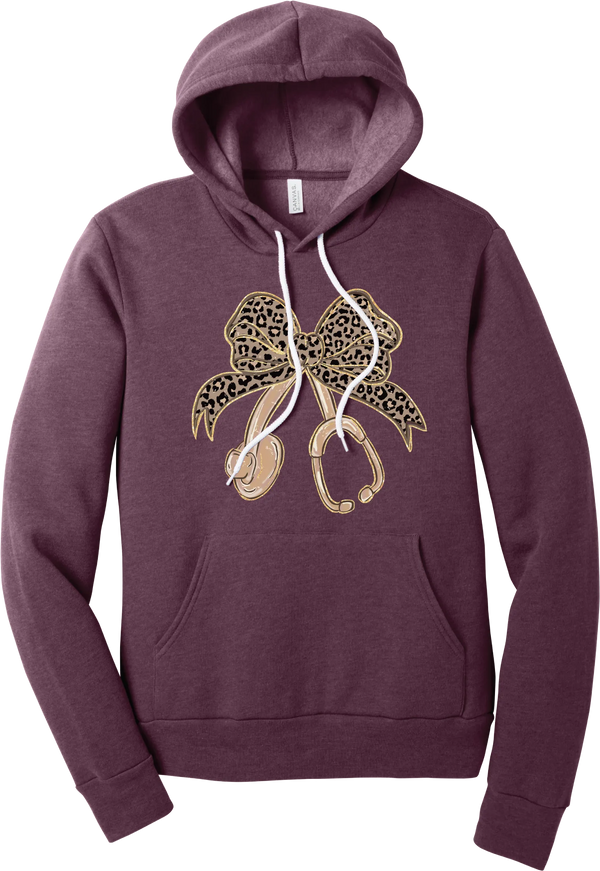 Leopard Bow Stethoscope hoodie in Heather Maroon, featuring a glittery leopard print coquette bow tied to a rose gold stethoscope