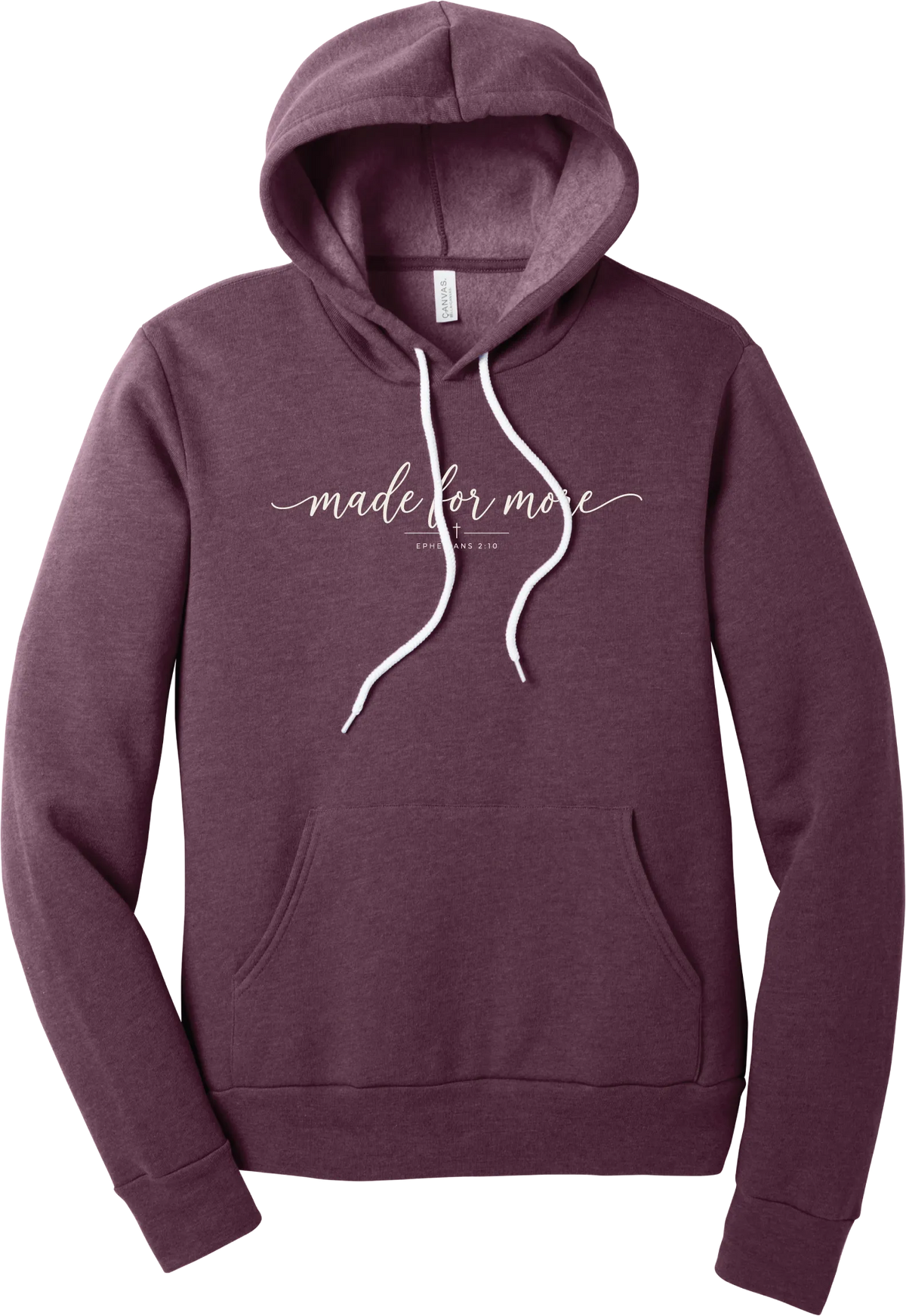 Made for More hoodie in Heather Maroon, featuring made for more in flowing script with a small cross and Ephesians 2:10