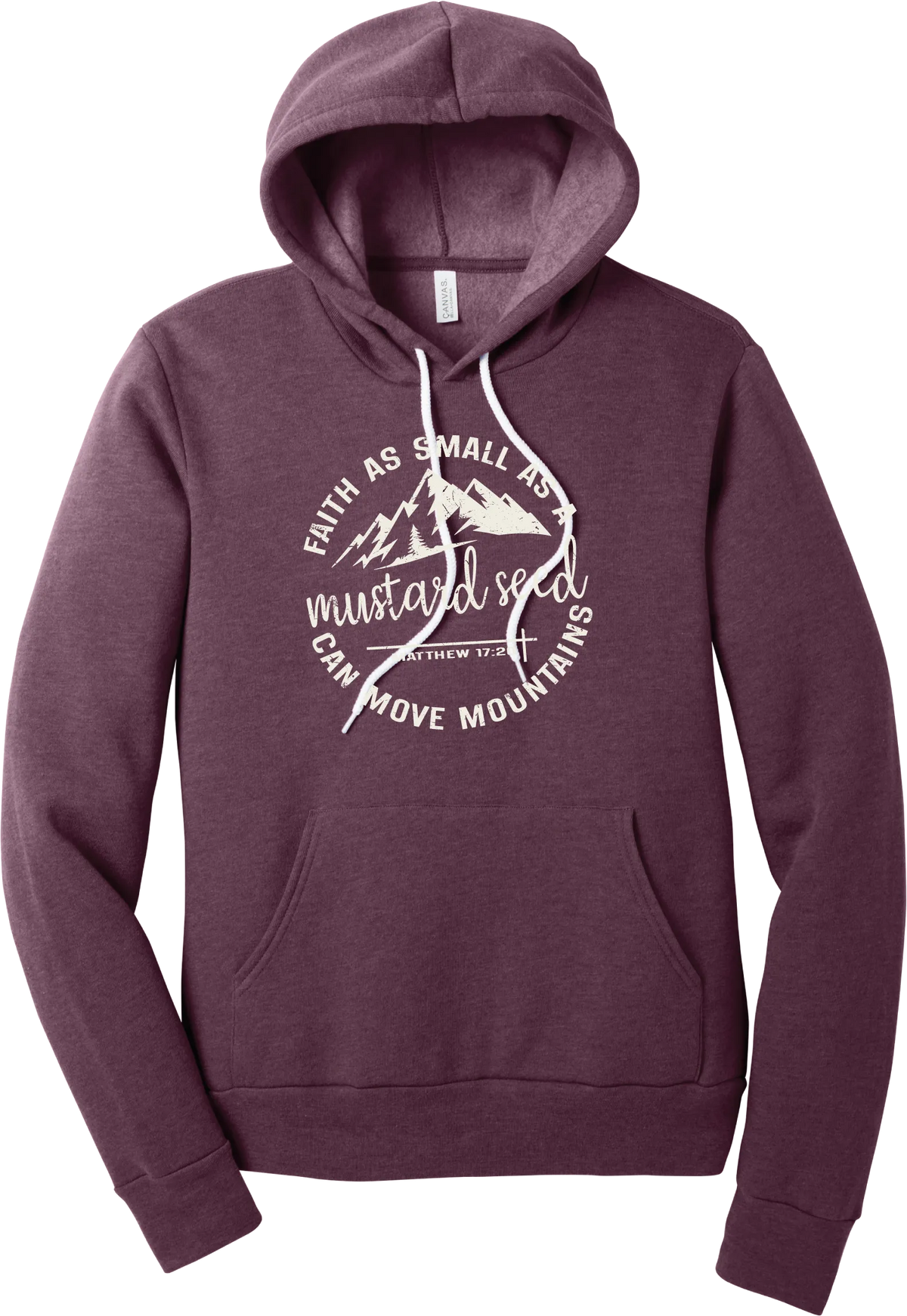 Mustard Seed Faith hoodie in Heather Maroon, featuring a circle badge of mountains and a cross with Faith as Small as a Mustard Seed Can Move Mountains lettering and Matthew 17:20