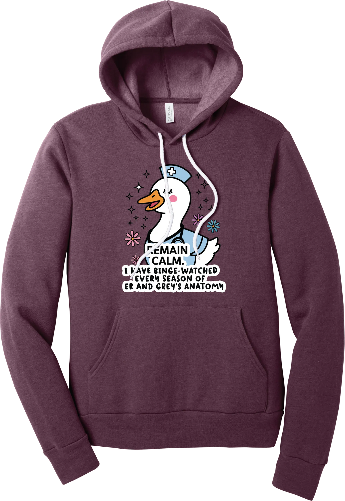Remain Calm Nurse hoodie in Heather Maroon, featuring a smiling nurse goose in a cap and scrubs with sparkles and flowers above Remain Calm text