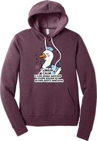 Remain Calm Nurse hoodie in Heather Maroon, featuring a smiling nurse goose in a cap and scrubs with sparkles and flowers above Remain Calm text