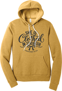 Clothed in Strength hoodie in Heather Mustard, featuring She Is Clothed in Strength in hand lettered script with a bow and Proverbs 31:25
