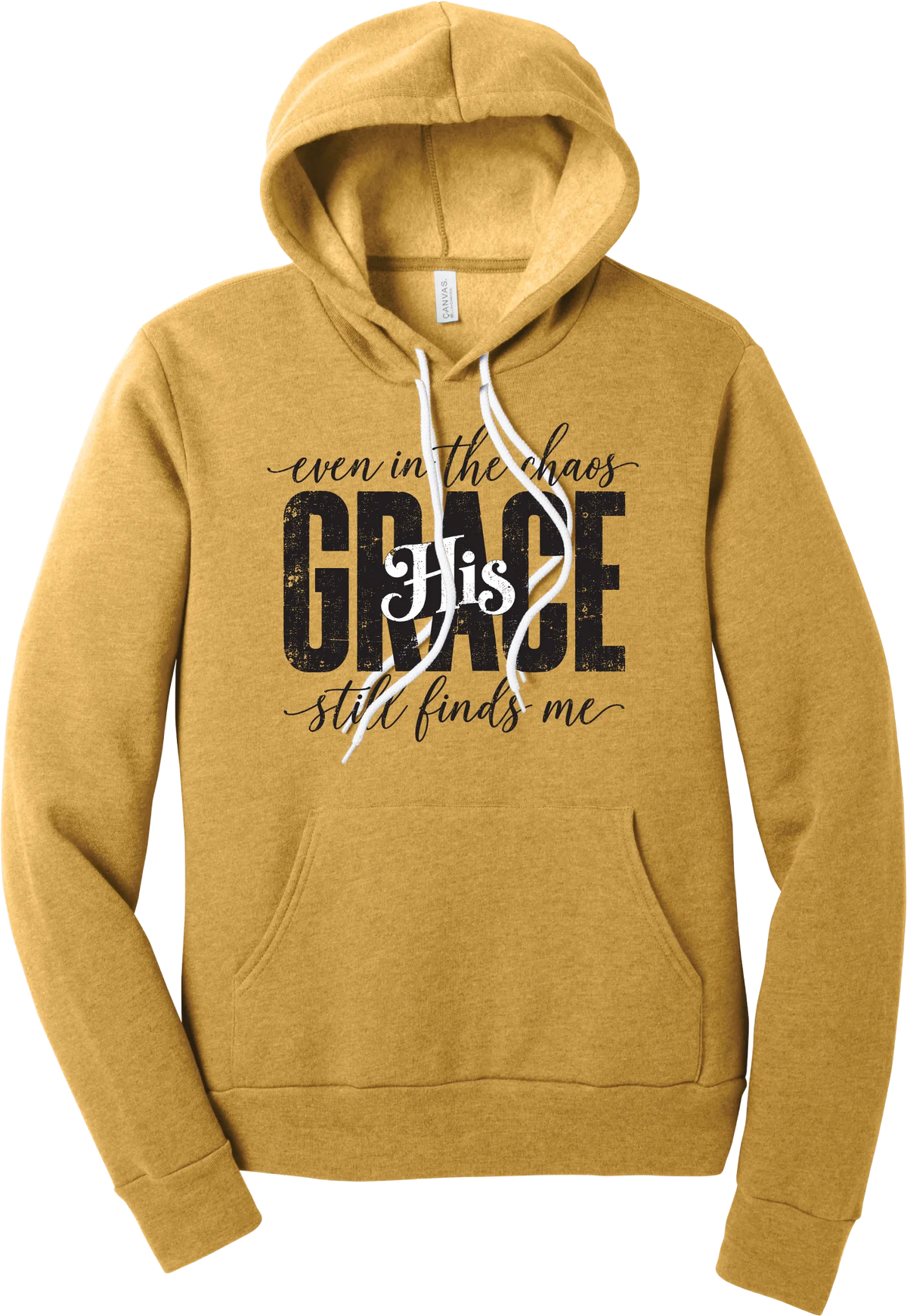 Even in the Chaos hoodie in Heather Mustard, featuring distressed GRACE lettering with His in script, framed by even in the chaos and still finds me