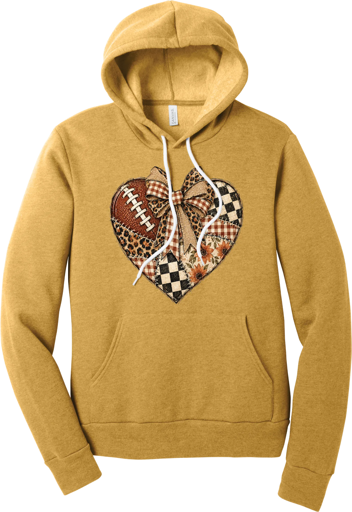 For the Love of Football hoodie in Heather Mustard, featuring a patchwork heart in leopard, plaid, and checkerboard with a football and a cream bow