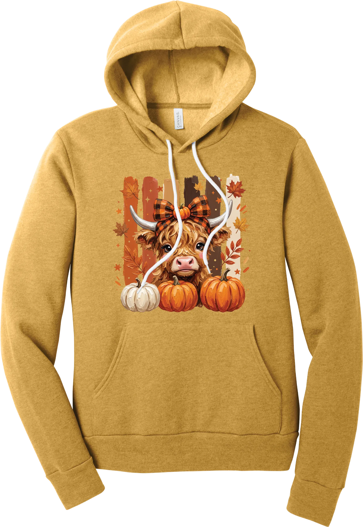 Highland Cozy hoodie in Heather Mustard, featuring a fluffy highland cow calf in a buffalo check bow with pumpkins and painted autumn stripes