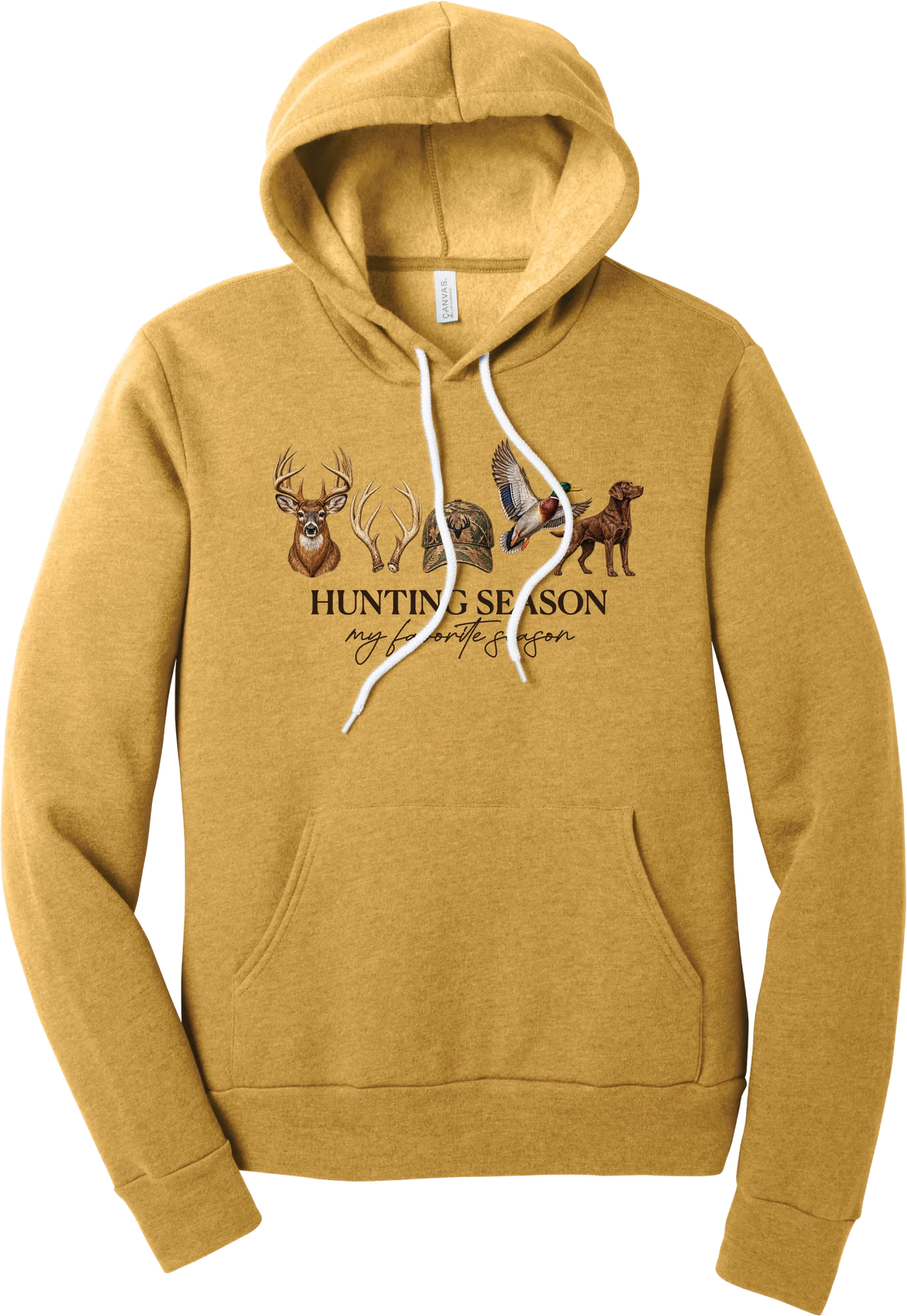 Hunting Season hoodie in Heather Mustard, featuring a whitetail buck, antlers, a camo cap, a flying mallard, and a chocolate lab above Hunting Season My Favorite Season lettering