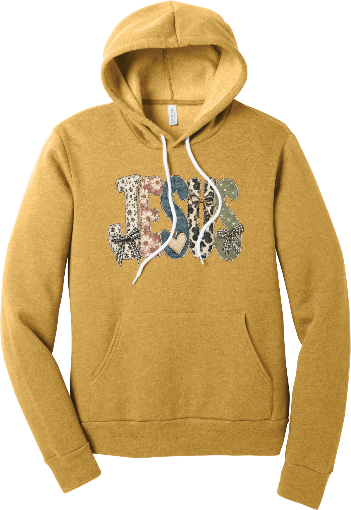 Jesus Patchwork hoodie in Heather Mustard, featuring JESUS in patchwork letters of floral, leopard, denim, and cow print with gingham bows and a heart