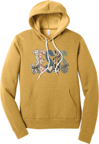 Jesus Patchwork hoodie in Heather Mustard, featuring JESUS in patchwork letters of floral, leopard, denim, and cow print with gingham bows and a heart