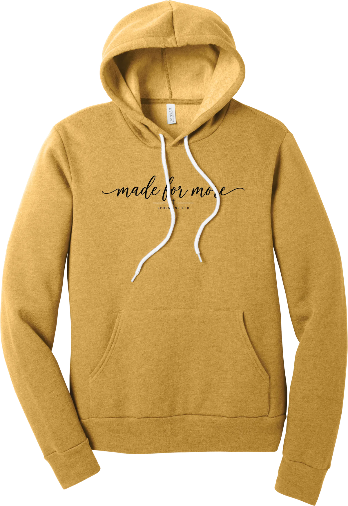 Made for More hoodie in Heather Mustard, featuring made for more in flowing script with a small cross and Ephesians 2:10