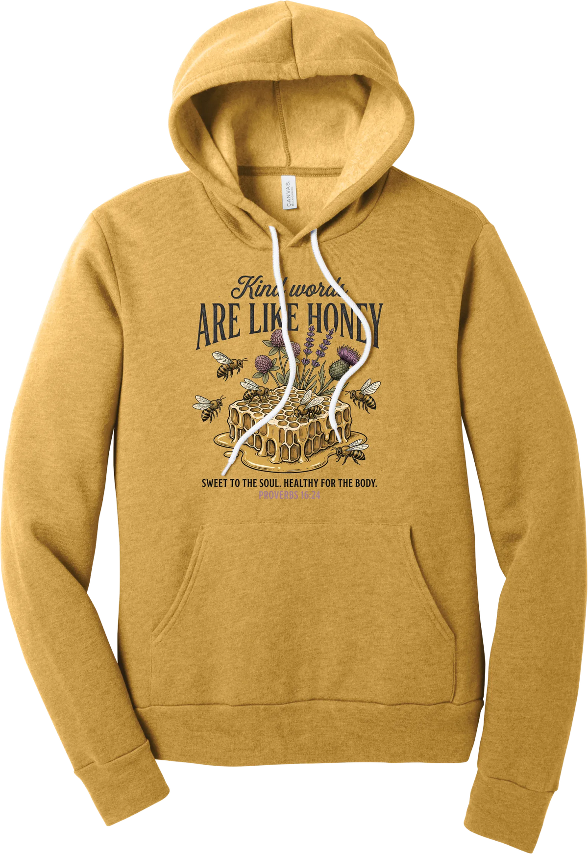 Words Like Honey hoodie in Heather Mustard, featuring Kind Words Are Like Honey lettering over a dripping honeycomb with bees, wildflowers, and Proverbs 16:24