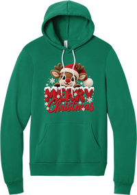 Crocheted Rudolph Merry Christmas hoodie in Kelly Green, featuring a crochet-style reindeer in a Santa hat peeking over knit-texture Merry Christmas lettering with snowflakes