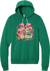 Merry and Bright Ornaments hoodie in Kelly Green, featuring hand-painted pink and green ornaments reading Merry and Bright with a pink bow, holly, daisies, a candy cane, and a gingerbread man