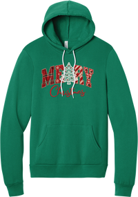 Merry Lace and Pattern Applique hoodie in Kelly Green, featuring faux applique MERRY letters in red plaid, snowflake, candy cane, and gingham fabrics with a lace Christmas tree and red script Christmas