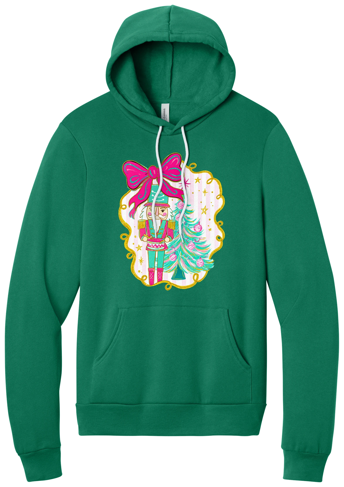 Nutcracker Bow hoodie in Kelly Green, featuring a teal and pink nutcracker beside a tinsel tree under a big hot pink bow