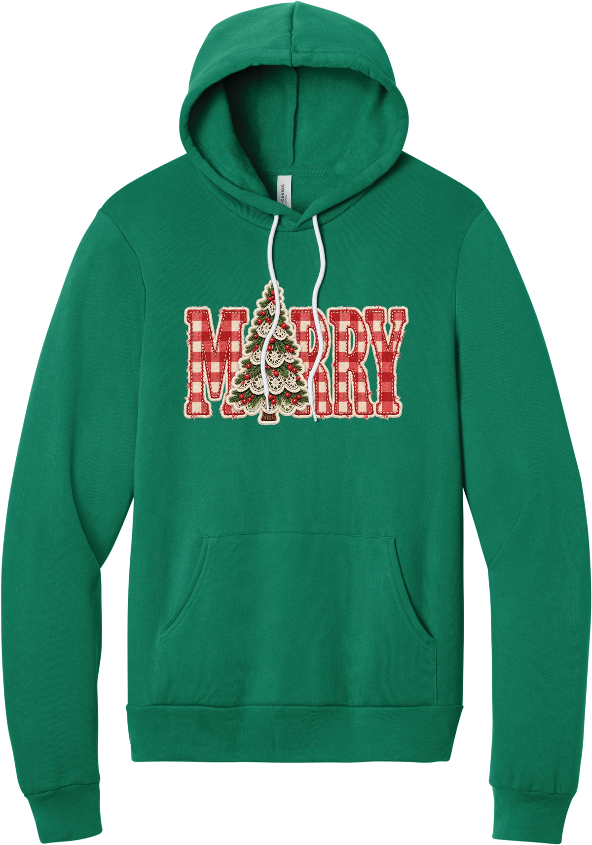 Red Gingham Merry Tree hoodie in Kelly Green, featuring red gingham MERRY letters with a lace-trimmed Christmas tree in the center