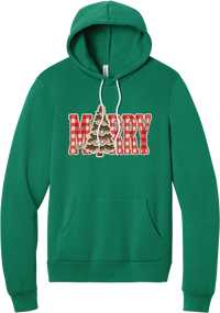 Red Gingham Merry Tree hoodie in Kelly Green, featuring red gingham MERRY letters with a lace-trimmed Christmas tree in the center