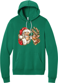 Santa and Rudolph Boop hoodie in Kelly Green, featuring a hand-painted vintage Santa booping a smiling reindeer on its red nose