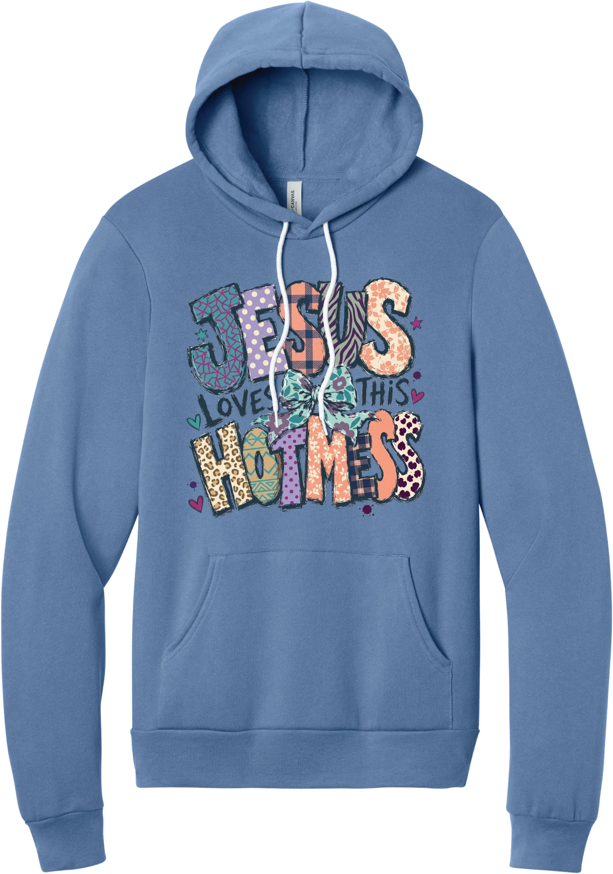 Jesus Loves This Hot Mess hoodie in Lavender Blue, featuring patchwork Jesus Loves This Hot Mess lettering in leopard, plaid, polka dot, and zebra prints with a bow and hearts