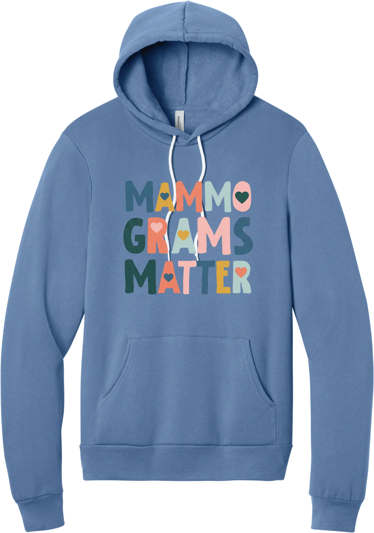Mammograms Matter hoodie in Lavender Blue, featuring colorful block letters reading Mammograms Matter with small hearts inside the letters