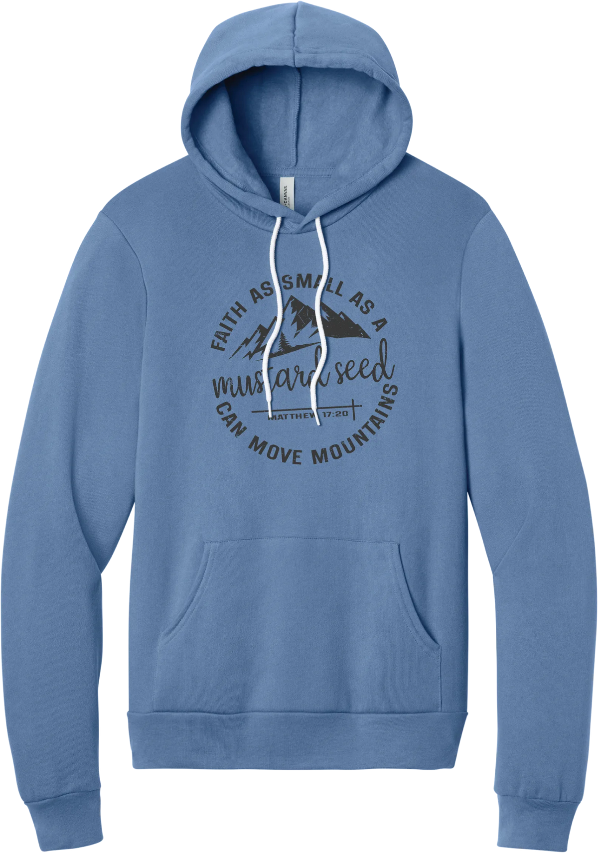 Mustard Seed Faith hoodie in Lavender Blue, featuring a circle badge of mountains and a cross with Faith as Small as a Mustard Seed Can Move Mountains lettering and Matthew 17:20