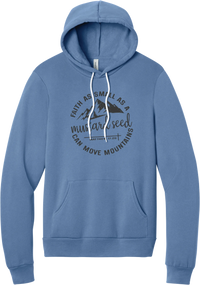 Mustard Seed Faith hoodie in Lavender Blue, featuring a circle badge of mountains and a cross with Faith as Small as a Mustard Seed Can Move Mountains lettering and Matthew 17:20