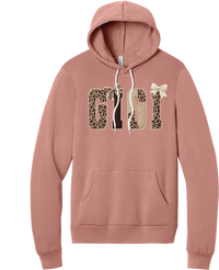 Grandma Leopard Applique hoodie in Mauve, featuring GIGI spelled out in leopard, cream, and chocolate patches with a scalloped stitched applique look and two bows