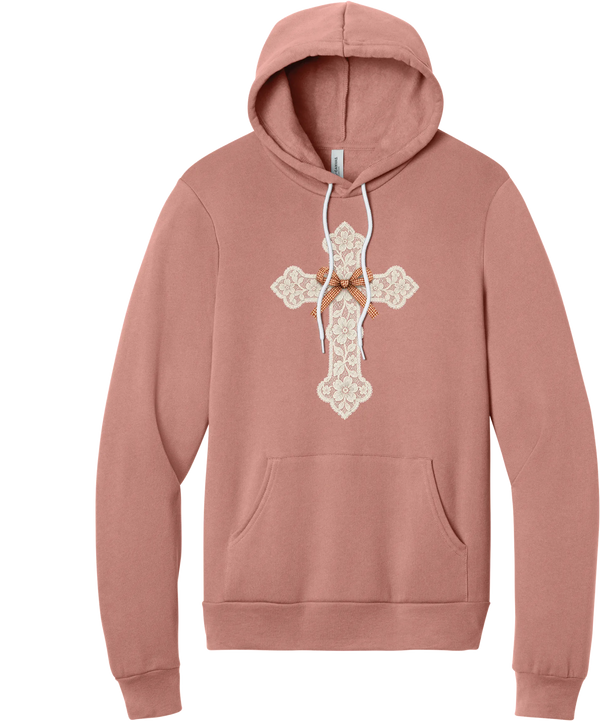 Vintage Lace Cross hoodie in Mauve, featuring a cream floral lace cross tied with an orange gingham bow