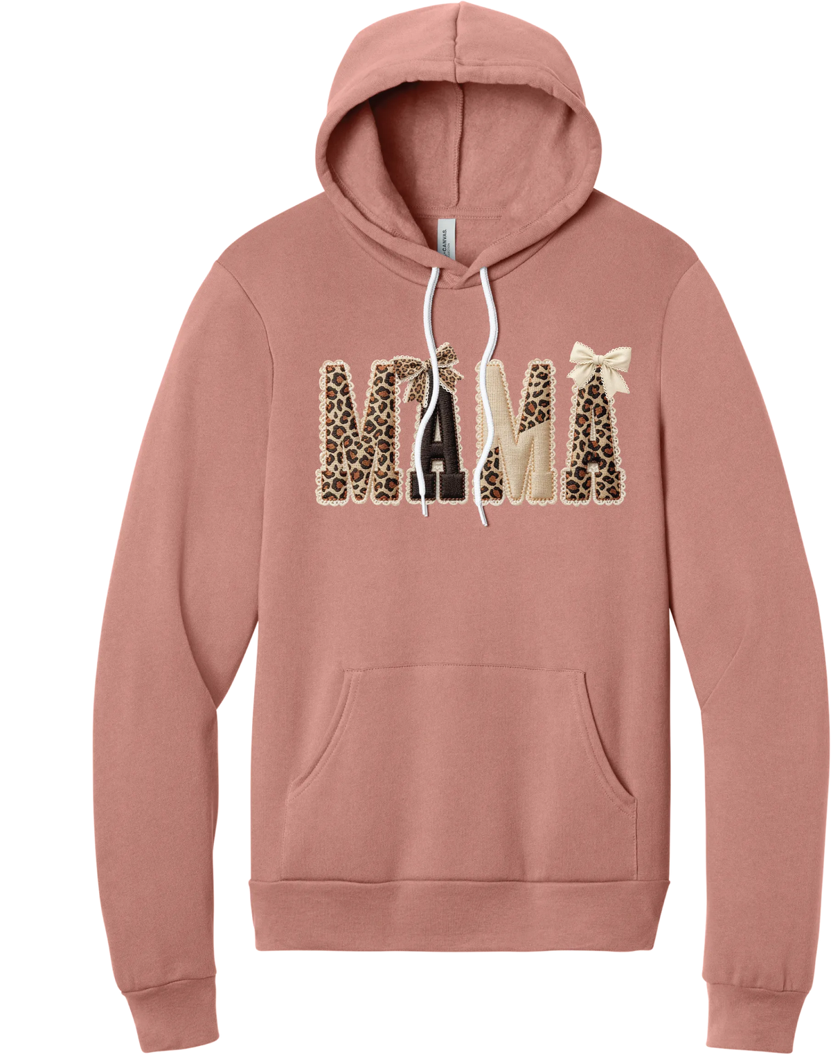 Mama Leopard Applique hoodie in Mauve, featuring MAMA spelled out in leopard, cream, and chocolate patches with a scalloped stitched applique look and two bows