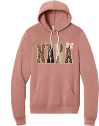 Grandma Leopard Applique hoodie in Mauve, featuring NANA spelled out in leopard, cream, and chocolate patches with a scalloped stitched applique look and two bows