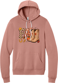 Boot Weather hoodie in Mauve, featuring patchwork FALL letters with cowgirl boots, a pumpkin, and a horseshoe