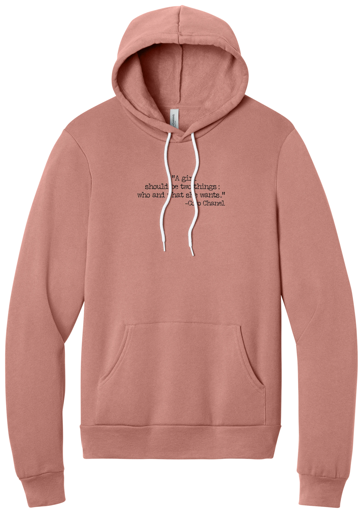 Coco Chanel Who and What Quote hoodie in Mauve, featuring A girl should be two things who and what she wants in distressed black typewriter letters