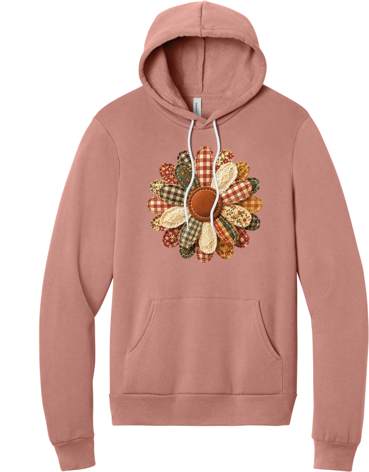 Patchwork Fabric Flower hoodie in Mauve, featuring an oversized fabric flower with plaid, gingham, calico, and cable knit petals around a stitched rust center