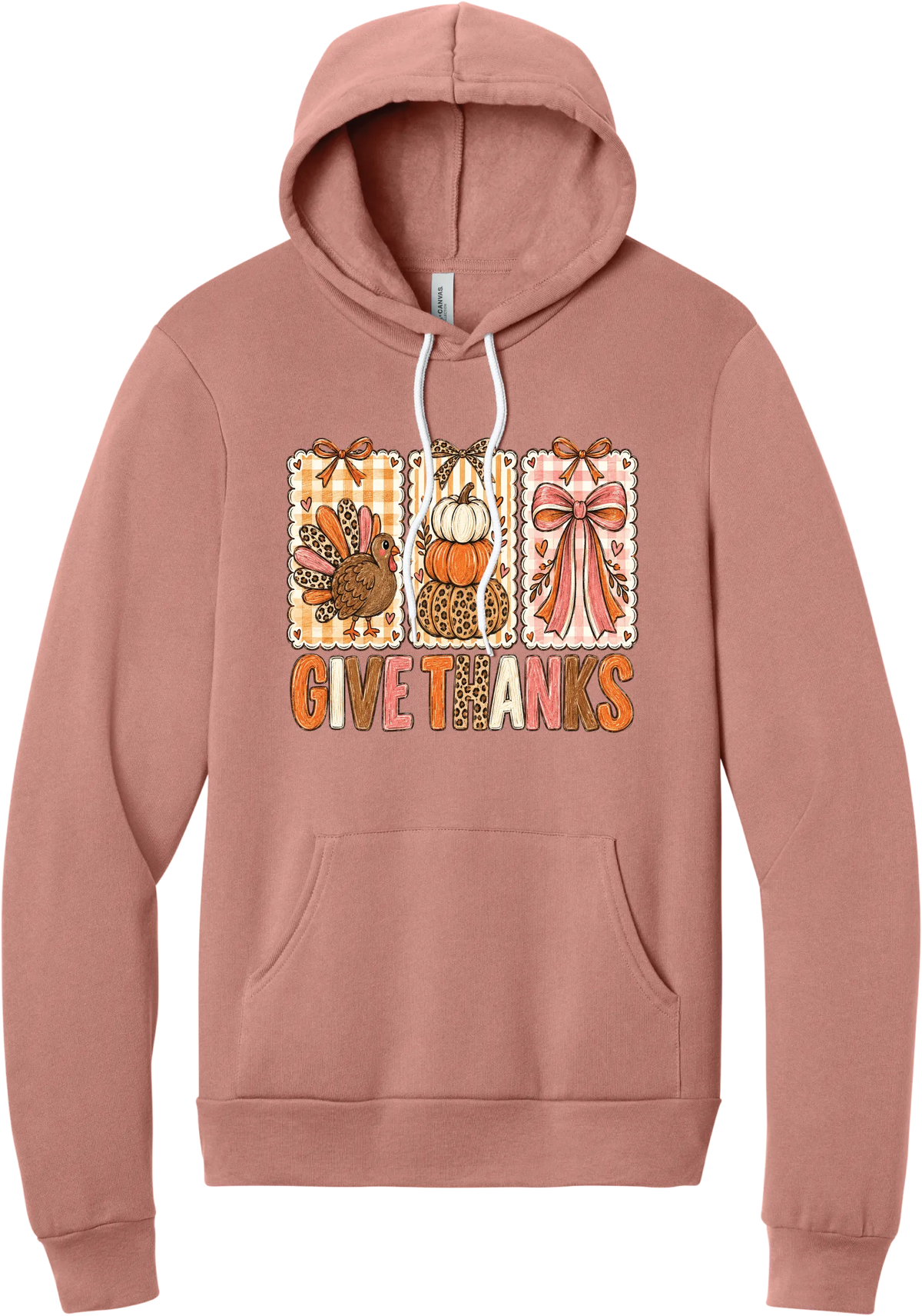 Give Thanks Coquette hoodie in Mauve, featuring three bow-topped stamp panels with a turkey, stacked pumpkins, and a pink bow above Give Thanks in patchwork letters