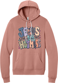 Jesus Loves This Hot Mess hoodie in Mauve, featuring patchwork Jesus Loves This Hot Mess lettering in leopard, plaid, polka dot, and zebra prints with a bow and hearts