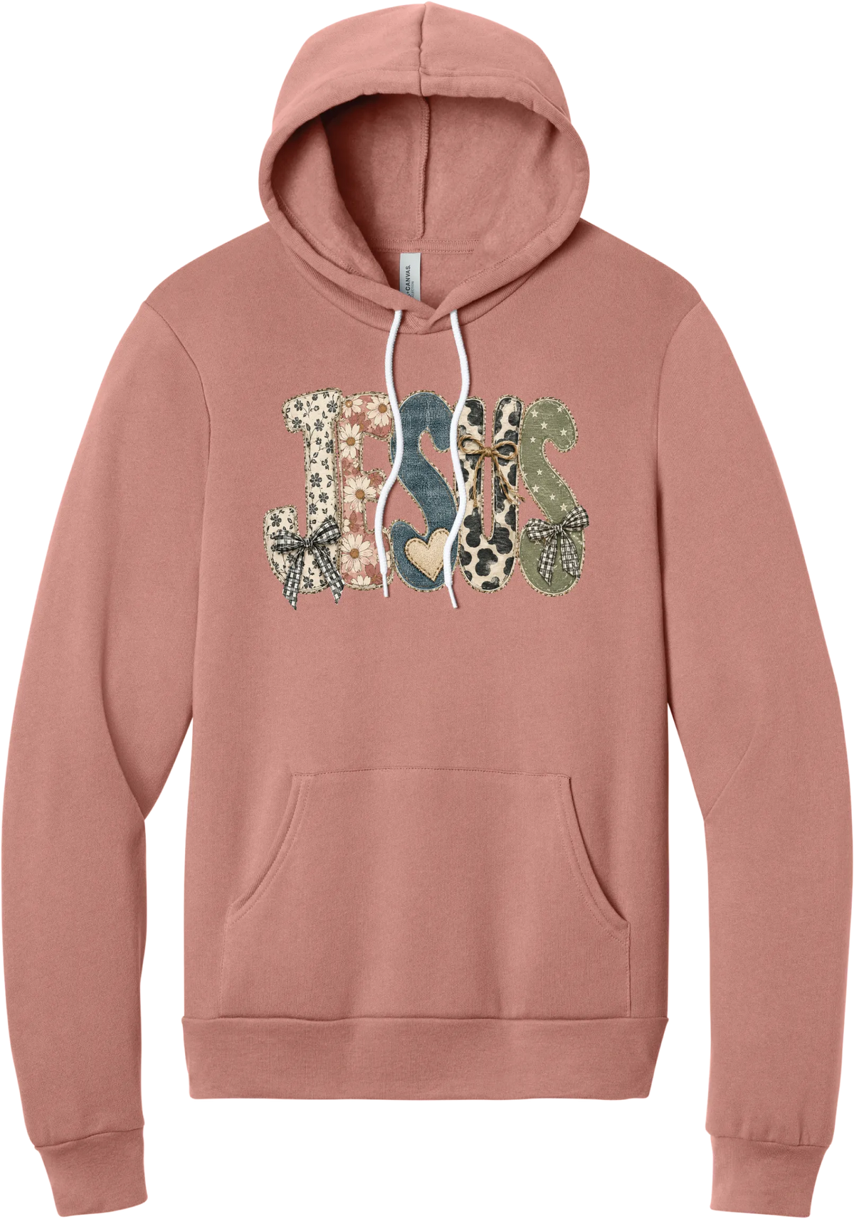 Jesus Patchwork hoodie in Mauve, featuring JESUS in patchwork letters of floral, leopard, denim, and cow print with gingham bows and a heart