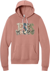 Jesus Patchwork hoodie in Mauve, featuring JESUS in patchwork letters of floral, leopard, denim, and cow print with gingham bows and a heart