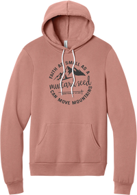 Mustard Seed Faith hoodie in Mauve, featuring a circle badge of mountains and a cross with Faith as Small as a Mustard Seed Can Move Mountains lettering and Matthew 17:20
