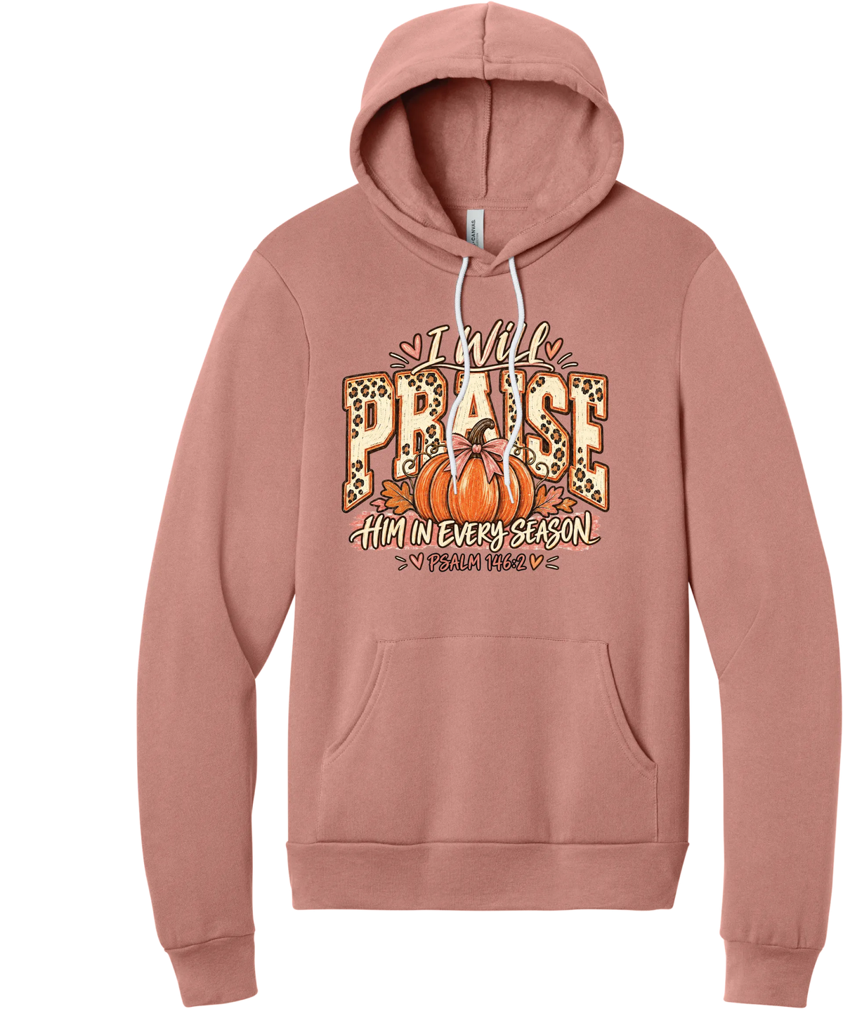Praise Him Pumpkin hoodie in Mauve, featuring I Will Praise Him in Every Season in leopard varsity letters with a pumpkin, a pink bow, and Psalm 146:2